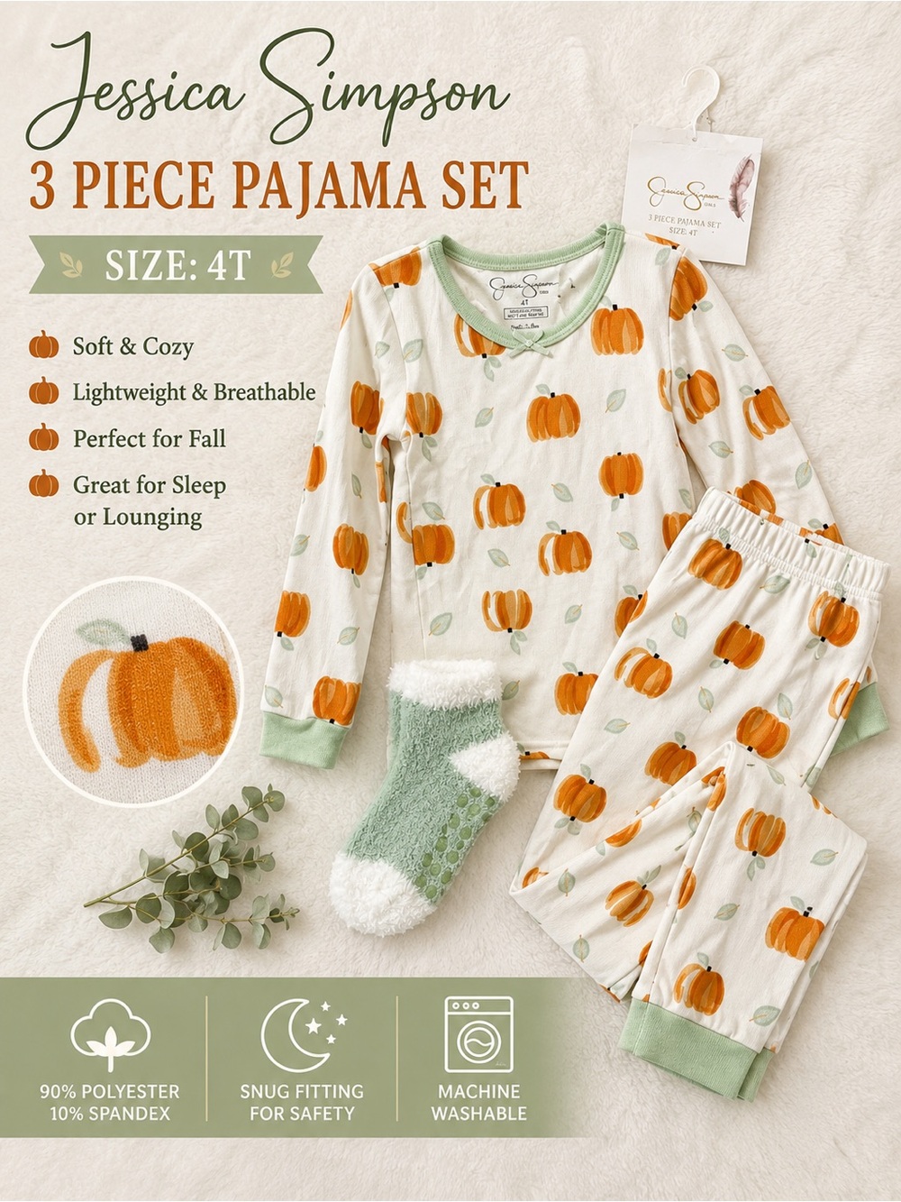 Jessica Simpson Kids Pumpkin 3-Piece Pajama Set - Cream & Orange (4T)